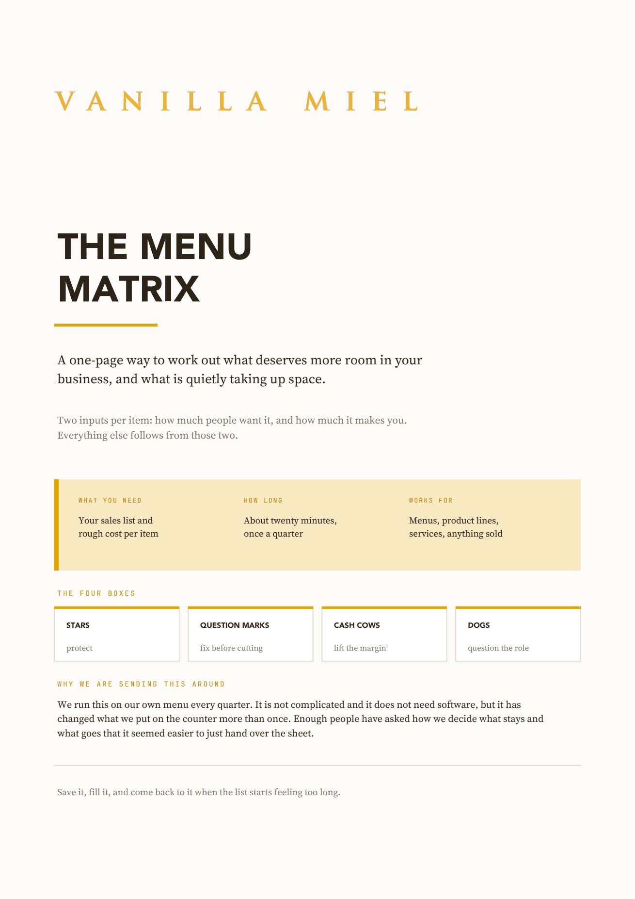 The Menu Matrix worksheet cover